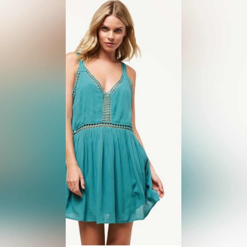 Teal Boho Beachy Surf Ethereal Gauzy Crochet-Trim V-Neck Sundress